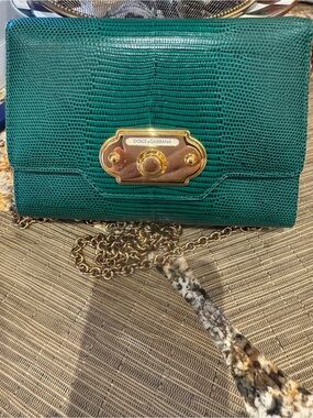 Dolce & Gabbana Emerald Green Lizard-Embossed Chain Crossbody Bag